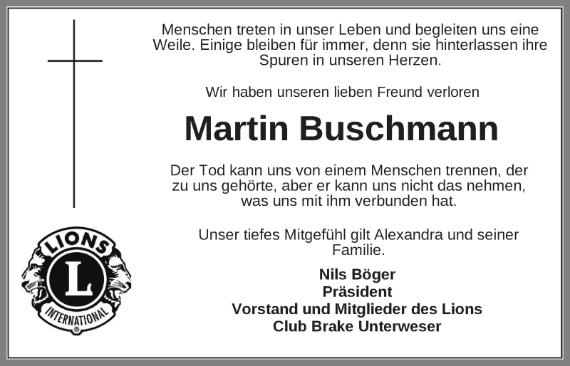  Traueranzeige für Martin Buschmann vom 28.09.2019 aus Nordwest-Zeitung
