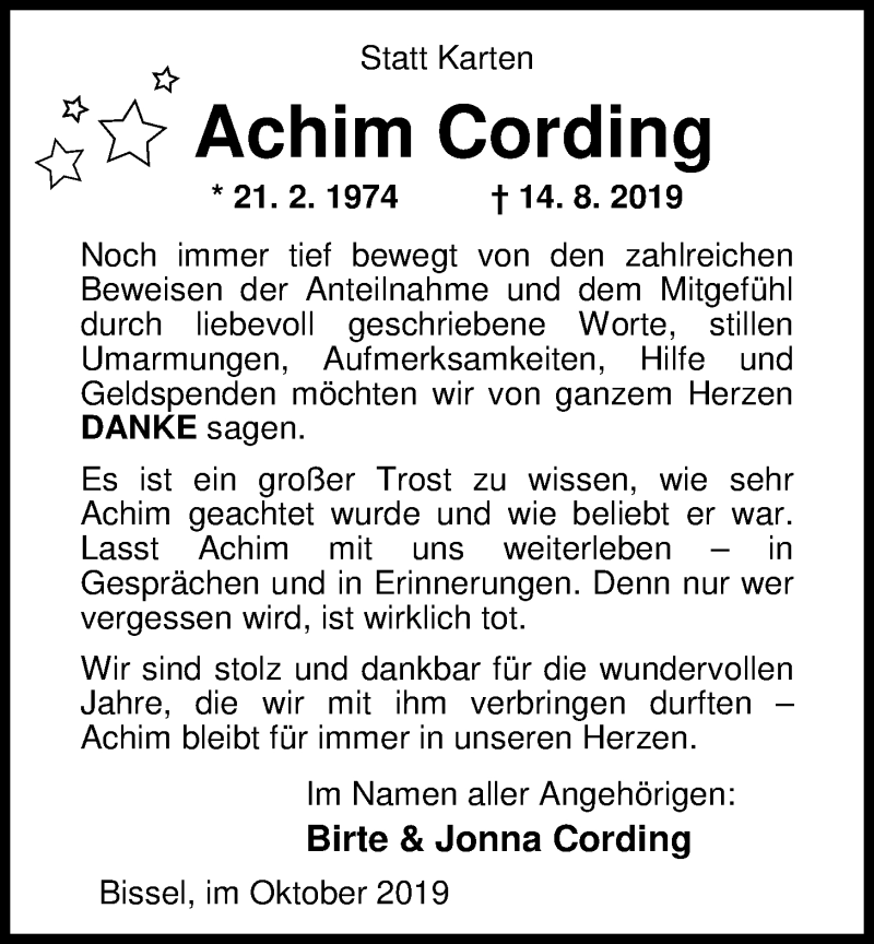 Traueranzeige für Achim Cording vom 04.10.2019 aus Nordwest-Zeitung