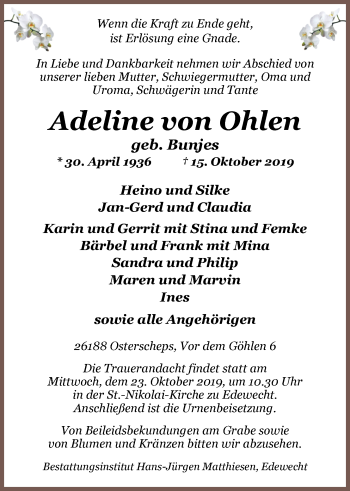 Traueranzeige von Adeline von Ohlen von Nordwest-Zeitung