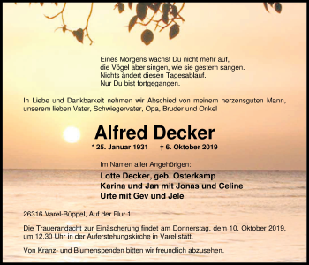 Traueranzeige von Alfred Decker von Nordwest-Zeitung