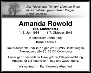 Traueranzeige von Amanda Rowold von Nordwest-Zeitung