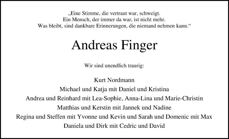  Traueranzeige für Andreas Finger vom 16.10.2019 aus Nordwest-Zeitung