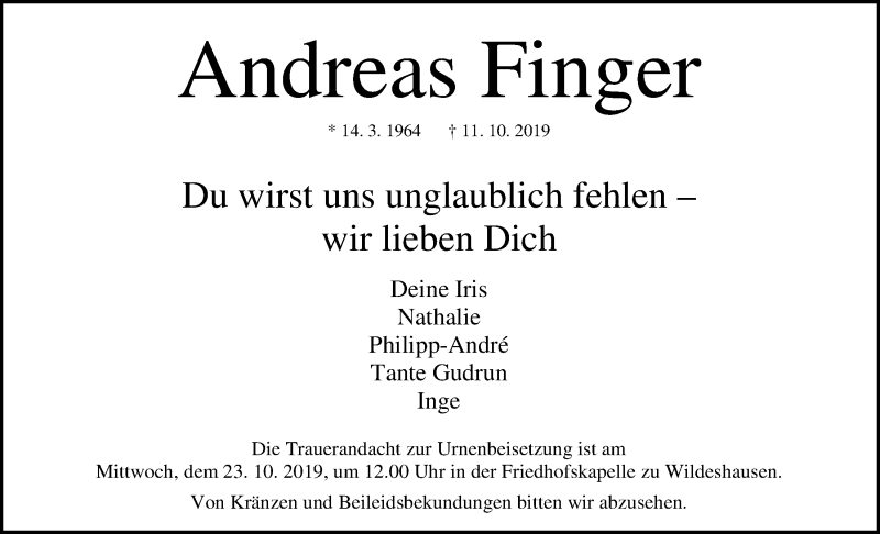  Traueranzeige für Andreas Finger vom 16.10.2019 aus Nordwest-Zeitung