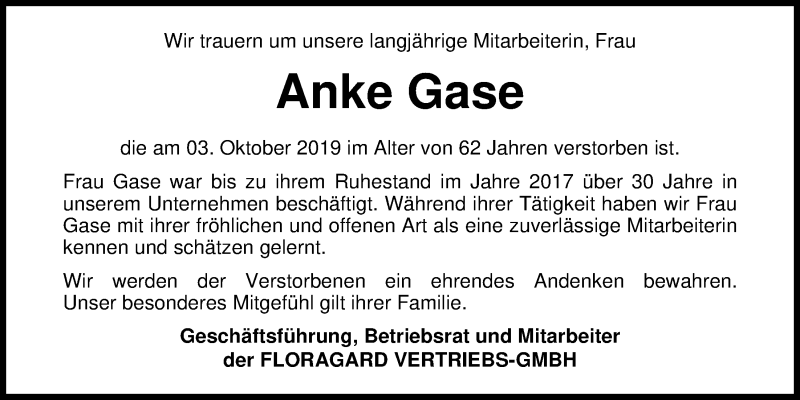  Traueranzeige für Anke Gase vom 08.10.2019 aus Nordwest-Zeitung
