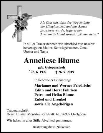 Traueranzeige von Anneliese Blume von Nordwest-Zeitung