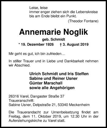 Traueranzeige von Annemarie Noglik von Nordwest-Zeitung