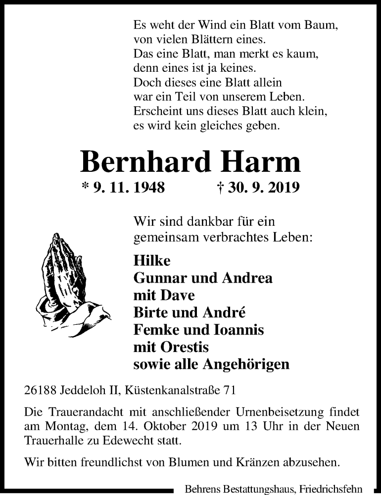  Traueranzeige für Bernhard Harm vom 08.10.2019 aus Nordwest-Zeitung