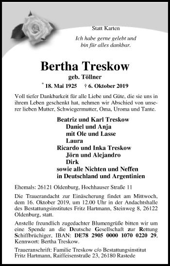 Traueranzeige von Bertha Treskow von Nordwest-Zeitung