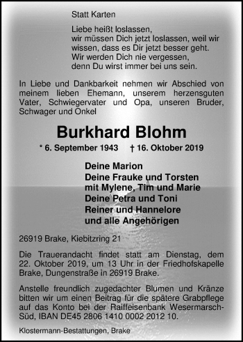 Traueranzeige von Burkhard Blohm von Nordwest-Zeitung