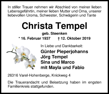 Traueranzeige von Christa Tempel von Nordwest-Zeitung