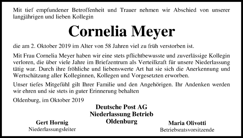  Traueranzeige für Cornelia Meyer vom 19.10.2019 aus Nordwest-Zeitung