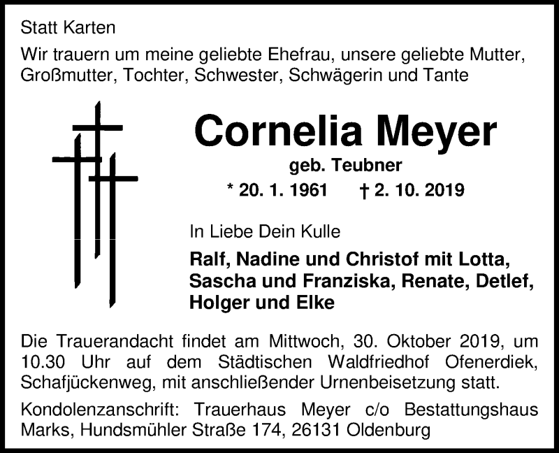  Traueranzeige für Cornelia Meyer vom 19.10.2019 aus Nordwest-Zeitung