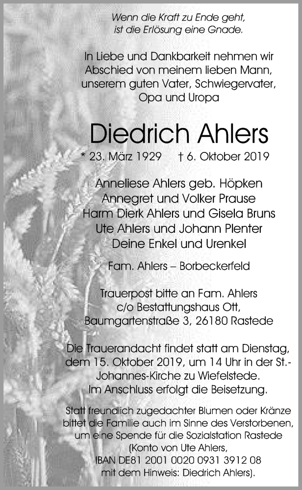  Traueranzeige für Diedrich Ahlers vom 11.10.2019 aus Nordwest-Zeitung