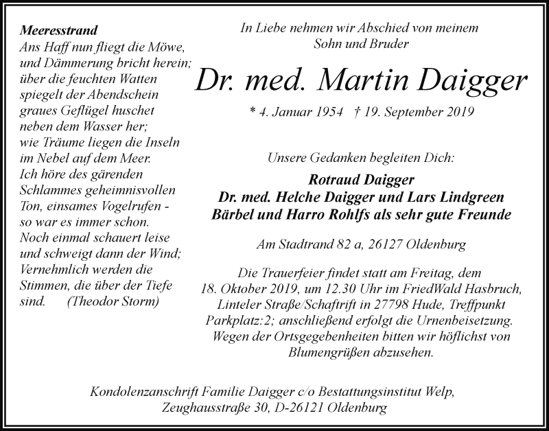  Traueranzeige für Dr. med. Martin Daigger vom 12.10.2019 aus Nordwest-Zeitung