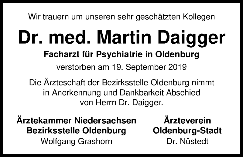  Traueranzeige für Dr. med. Martin Daigger vom 12.10.2019 aus Nordwest-Zeitung