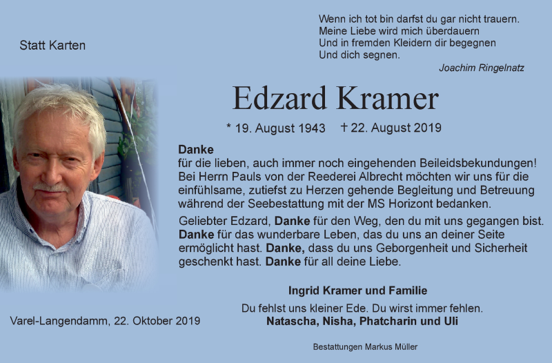  Traueranzeige für Edzard Kramer vom 22.10.2019 aus Nordwest-Zeitung