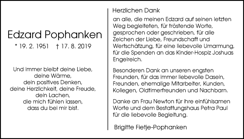  Traueranzeige für Edzard Pophanken vom 12.10.2019 aus Nordwest-Zeitung