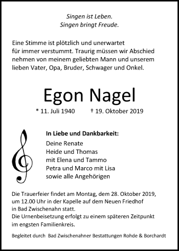 Traueranzeige von Egon Nagel von Nordwest-Zeitung