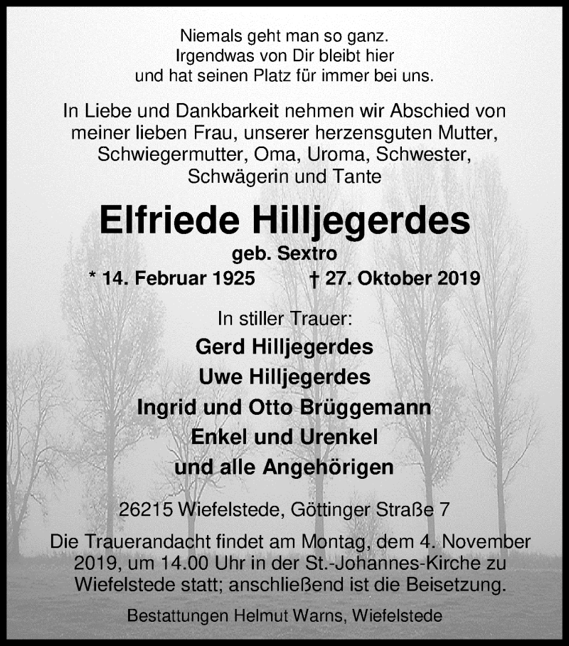  Traueranzeige für Elfriede Hilljegerdes vom 30.10.2019 aus Nordwest-Zeitung