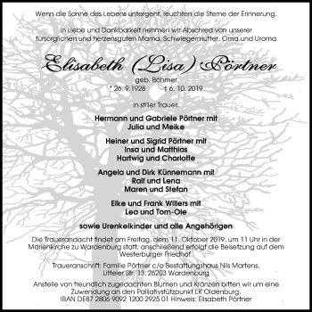 Traueranzeige von Elisabeth Pörtner von Nordwest-Zeitung