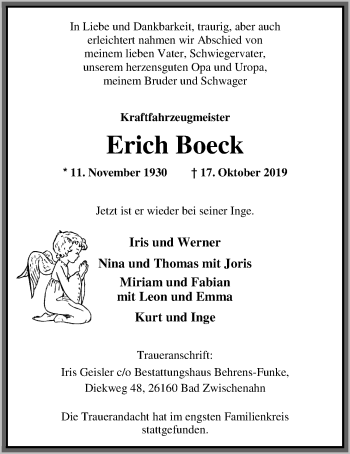 Traueranzeige von Erich Boeck von Nordwest-Zeitung