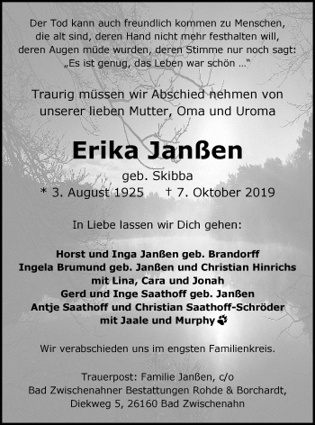 Traueranzeige von Erika Janßen von Nordwest-Zeitung