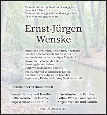 Traueranzeige von Ernst-Jürgen Wenske von Nordwest-Zeitung