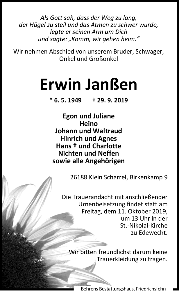  Traueranzeige für Erwin Janßen vom 05.10.2019 aus Nordwest-Zeitung
