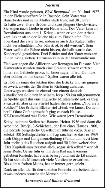 Traueranzeige von Fied Brumund von Nordwest-Zeitung