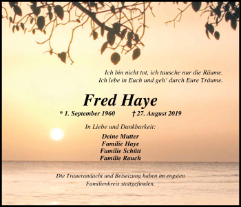 Traueranzeige von Fred Haye von Nordwest-Zeitung