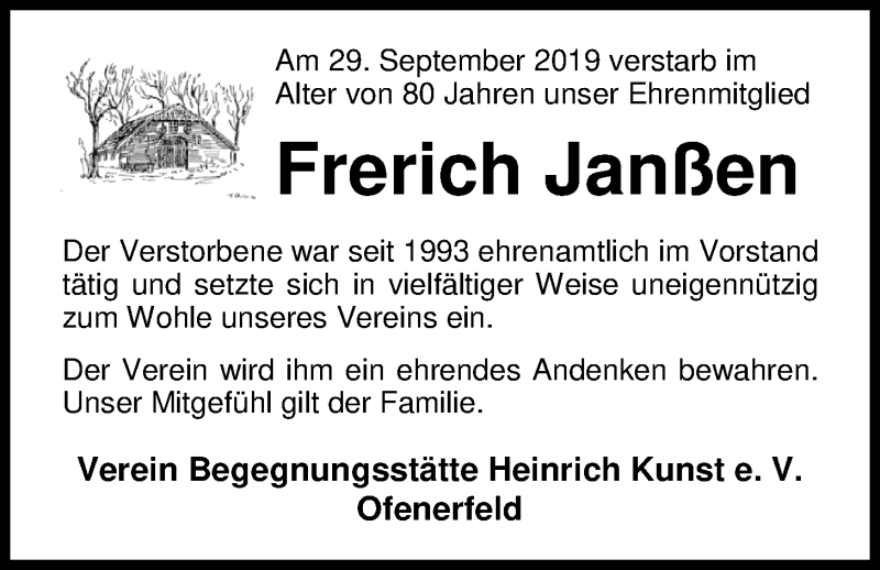  Traueranzeige für Frerich Janßen vom 05.10.2019 aus Nordwest-Zeitung