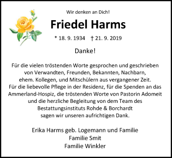 Traueranzeige von Friedel Harms von Nordwest-Zeitung