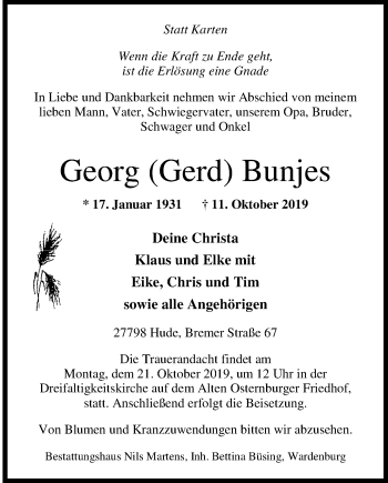 Traueranzeige von Georg Bunjes von Nordwest-Zeitung