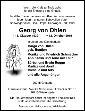 Traueranzeige von Georg von Ohlen von Nordwest-Zeitung