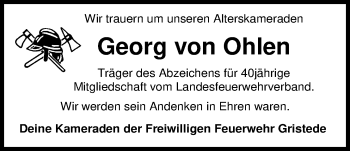 Traueranzeige von Georg von Ohlen von Nordwest-Zeitung