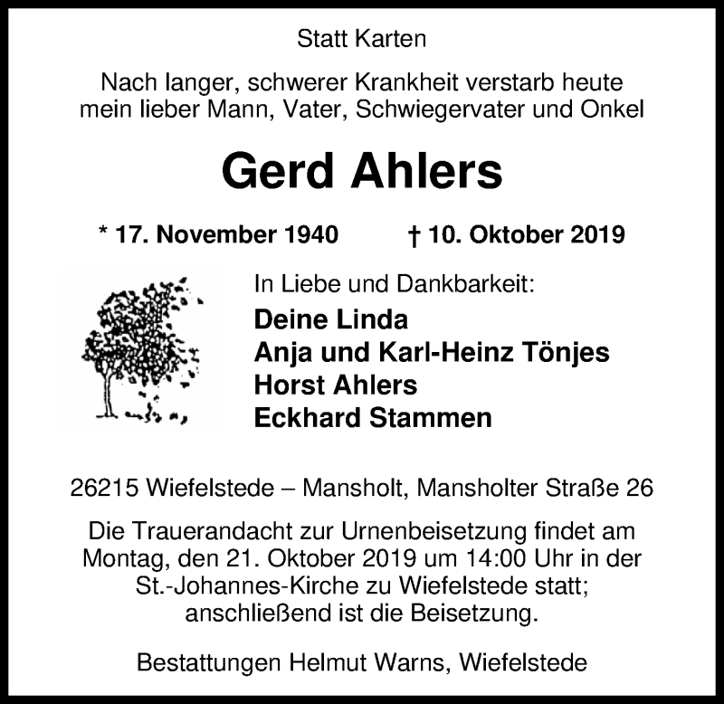  Traueranzeige für Gerd Ahlers vom 14.10.2019 aus Nordwest-Zeitung
