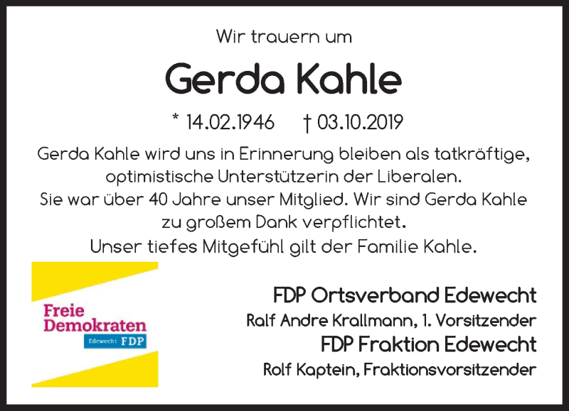 Traueranzeige für Gerda Kahle vom 09.10.2019 aus Nordwest-Zeitung