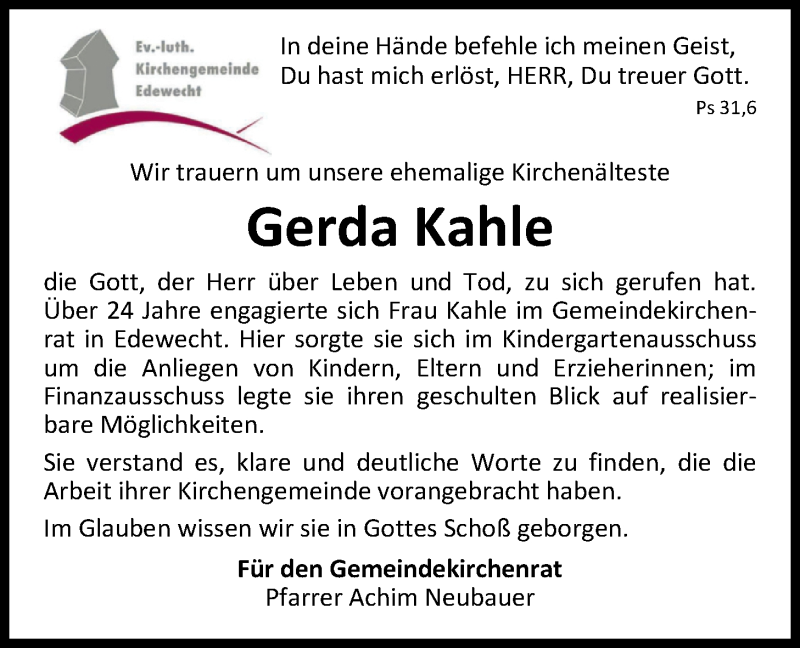  Traueranzeige für Gerda Kahle vom 08.10.2019 aus Nordwest-Zeitung