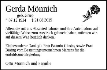 Traueranzeige von Gerda Mönnich von Nordwest-Zeitung
