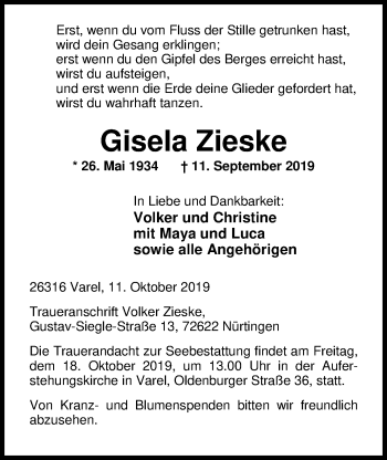 Traueranzeige von Gisela Zieske von Nordwest-Zeitung
