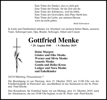 Traueranzeige von Gottfried Menke von Nordwest-Zeitung