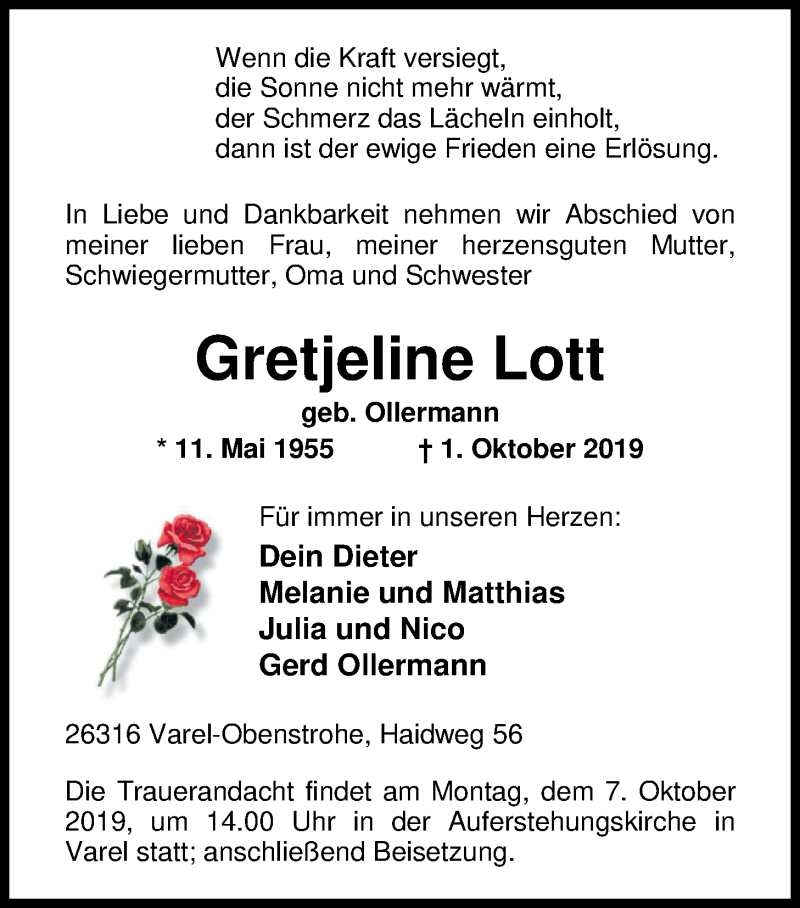  Traueranzeige für Gretjeline Lott vom 05.10.2019 aus Nordwest-Zeitung