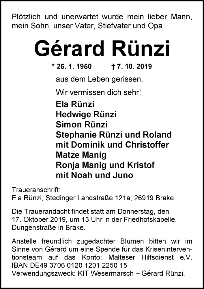  Traueranzeige für Gérard Rünzi vom 10.10.2019 aus Nordwest-Zeitung