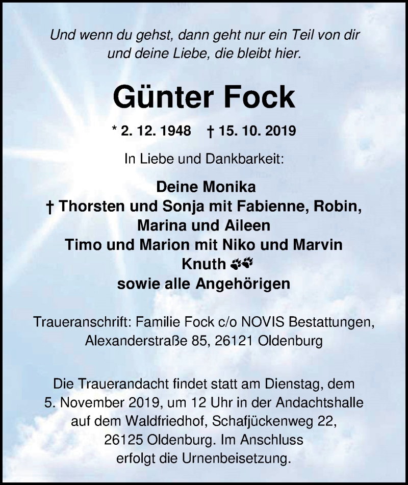  Traueranzeige für Günter Fock vom 26.10.2019 aus Nordwest-Zeitung