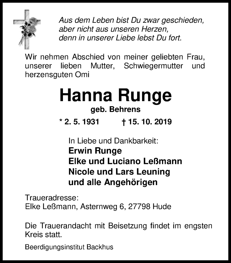  Traueranzeige für Hanna Runge vom 19.10.2019 aus Nordwest-Zeitung