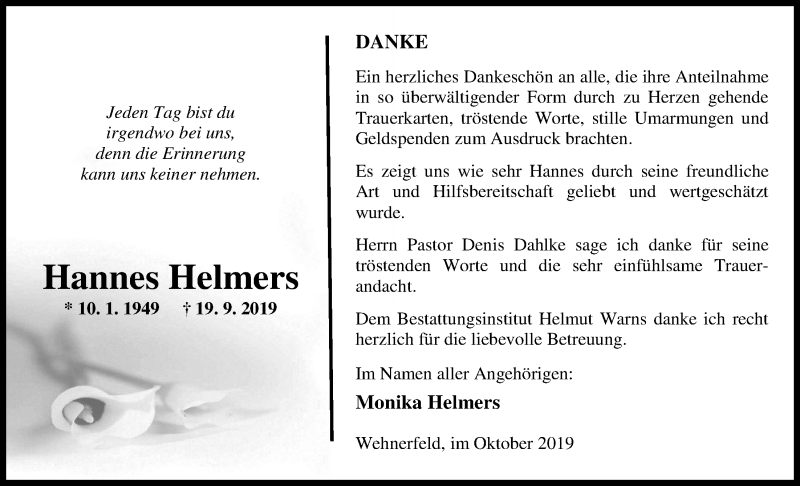  Traueranzeige für Hannes Helmers vom 26.10.2019 aus Nordwest-Zeitung