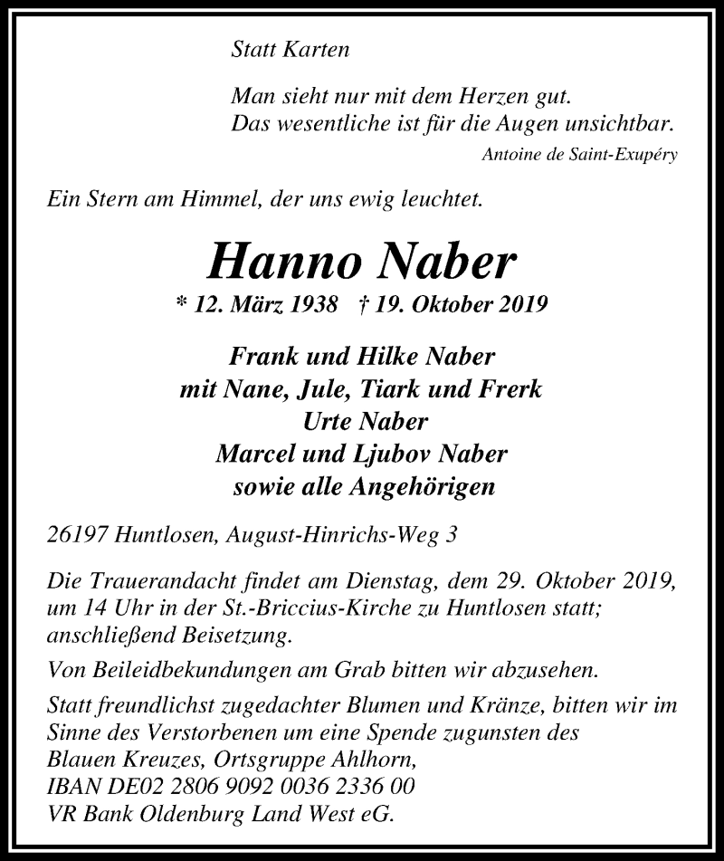  Traueranzeige für Hanno Naber vom 23.10.2019 aus Nordwest-Zeitung