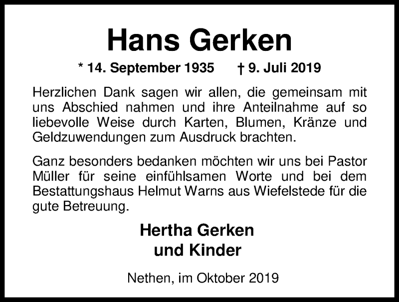  Traueranzeige für Hans Gerken vom 18.10.2019 aus Nordwest-Zeitung