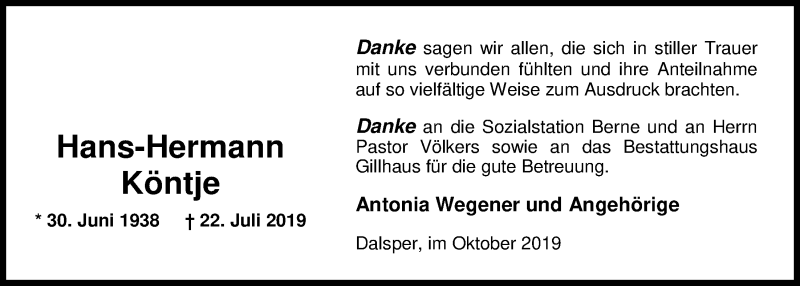  Traueranzeige für Hans-Hermann Köntje vom 10.10.2019 aus Nordwest-Zeitung