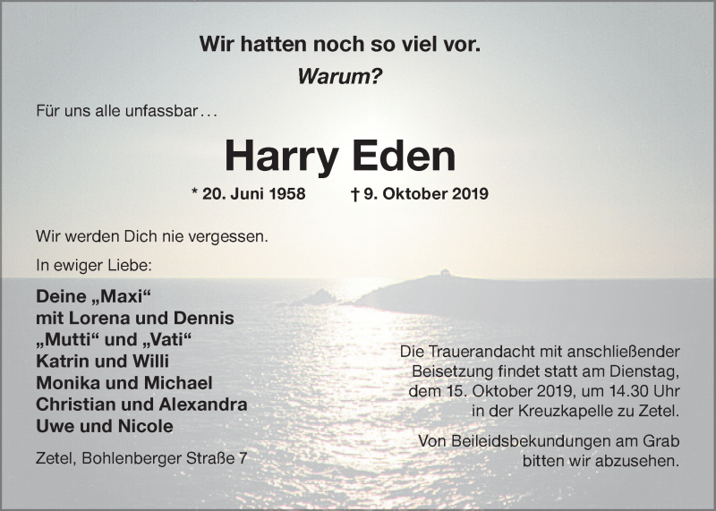  Traueranzeige für Harry Eden vom 11.10.2019 aus Nordwest-Zeitung